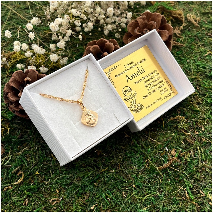 ZŁOTY ŁAŃCUSZEK NA KOMUNIĘ, CHRZEST DLA DZIEWCZYNKI 18K SZKAPLERZ + GRAWER