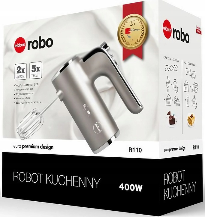 MOCNY Mikser ręczny 5 biegów TURBO MOC 400W INOX SOLIDNY 4 TRZEPACZKI