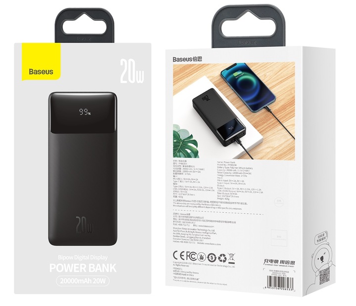 SZYBKI POWERBANK BASEUS 20000MAH 20W PD 3x USB USB-C 3A QC 3.0 BEZPIECZNY