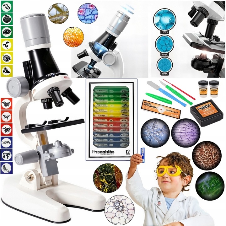Mikroskop Naukowy Dla Dziecka Szkolny 1200x Prezent ZESTAW PREPARATÓW 24 el