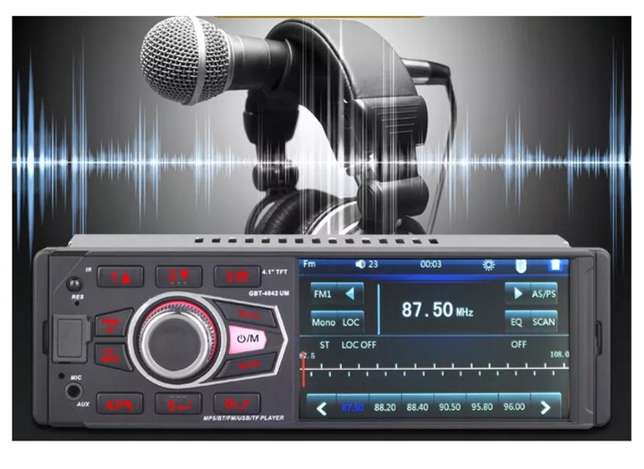 Radio Samochodowe 1DIN 4,1''USB BLUETOOTH AUX SD Kamera Cofania Pilot