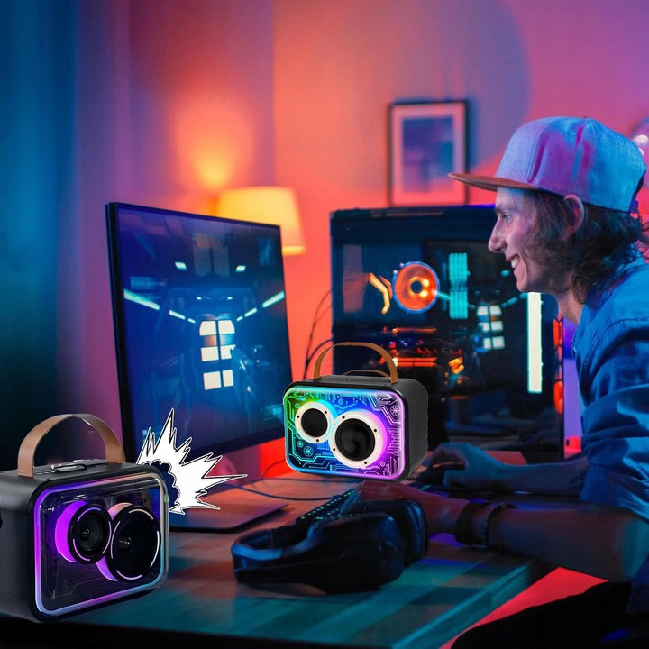 MASZYNA GŁOŚNIK KARAOKE Z 2 MIKROFONY BEZPRZEWODOWE BLUETOOTH LED KOLOROWA
