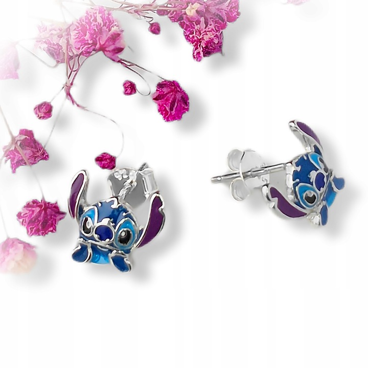 Pr.925 Srebrne bajkowe kolczyki Stich dla dziewczynki - HIT kolorowy Stitch
