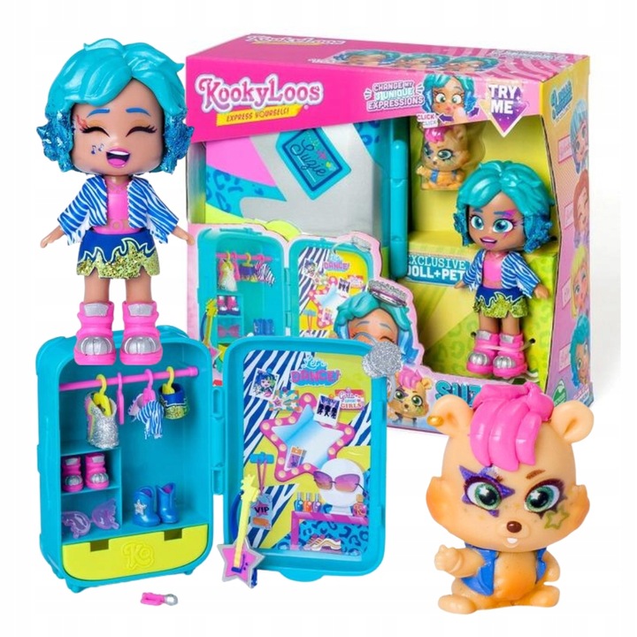 Kookyloos Lalka Suzie Q Akcesoria Walizka Zwierzątko Figurka 2 Stoje