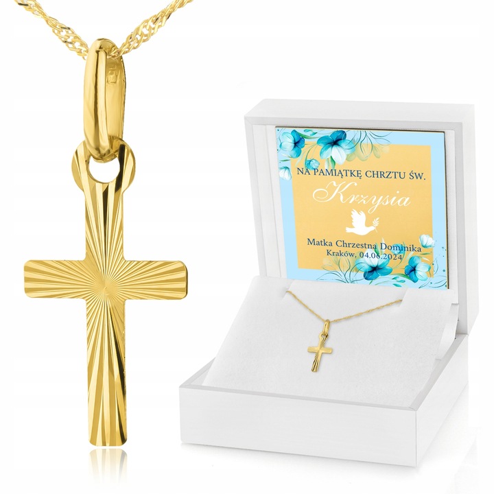 Złoty Krzyżyk z Łańcuszkiem 585 Pamiątka Chrztu Prezent dla Chłopca Grawer