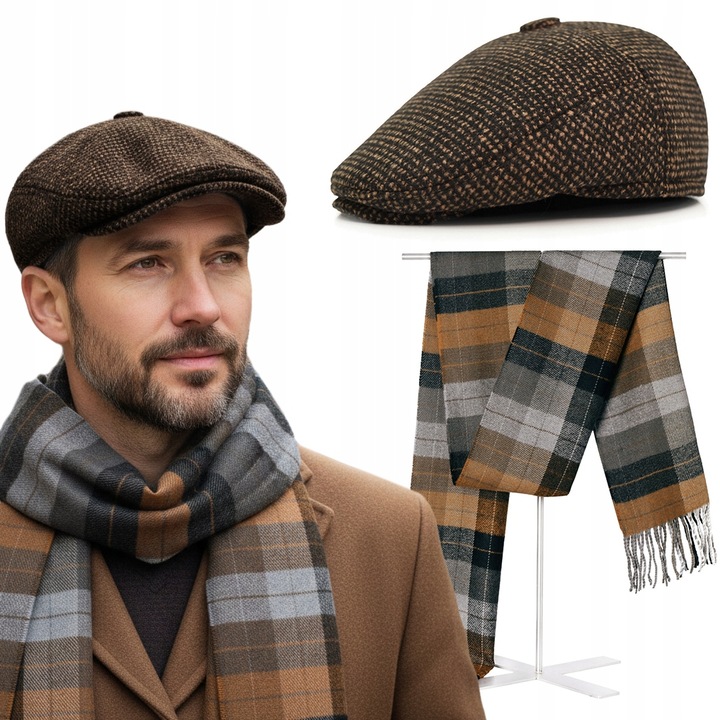 Kaszkiet Męski i Szalik Pako Jeans Elegancki Komplet Dla Niego Brązowy