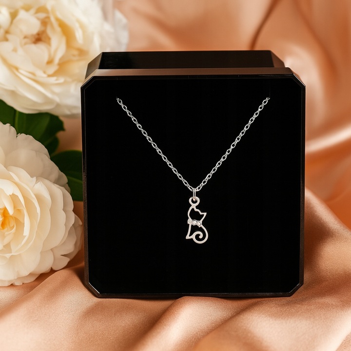 Naszyjnik srebrny damski z kotkiem KOT KOTEK 925 łańcuszek 45 cm na prezent