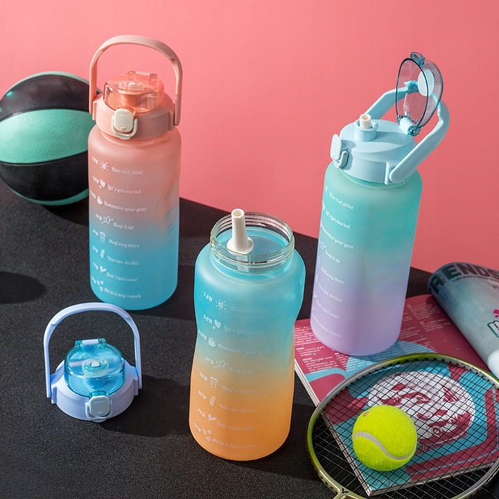 BUTELKA NA WODĘ BIDON Z MIARKĄ ZE SŁOMKĄ PRZYPOMNIENIEM SIŁOWNIA FITNESS 2L