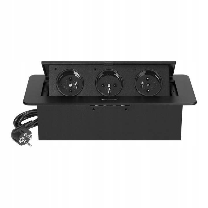 gniazdo wpuszczane chowane w blat potrójne stalowe czarne gniazdo meblowe