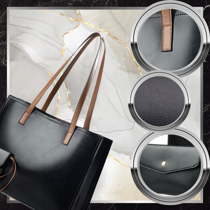 Torebka Shopper Damska CZARNA Torba Na Ramię Duża A4 SKÓRZANA Shopperka