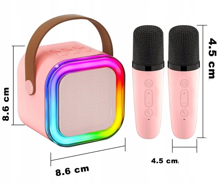 GŁOŚNIK PRZENOŚNY ZESTAW DO KARAOKE RGB BLUETOOTH 2 MIKROFONY USB JACK PINK