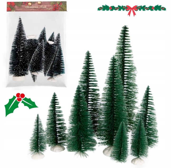 DEKORACYJNE CHOINKI DO WIOSKI ŚWIĄTECZNEJ SZOPKI ZESTAW 9 SZT DUŻE DO 31 cm