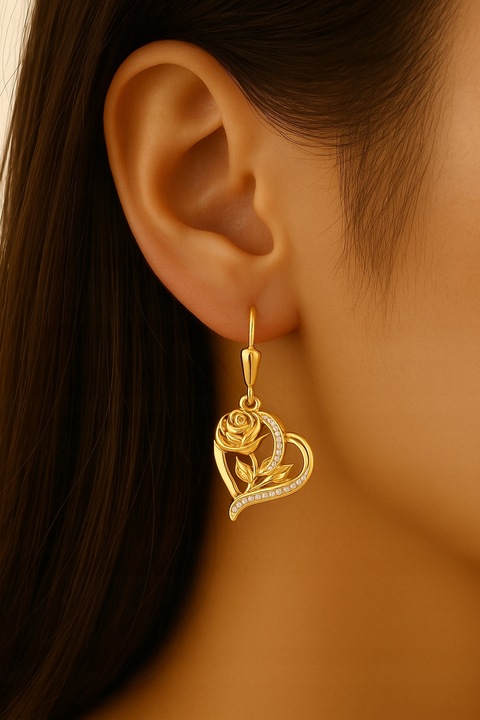 Złote Kolczyki 925 Wiszące Serca Róże Serce Wieczna Róża