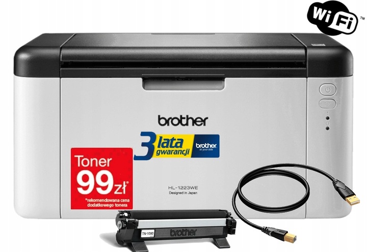 Drukarka jednofunkcyjna Brother HL-1223WE WiFi GW3L+ TONER+BĘBEN+KABEL USB