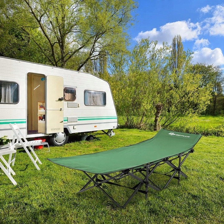 Łóżko polowe składane z ściętym zagłówkiem i kieszenią zielone