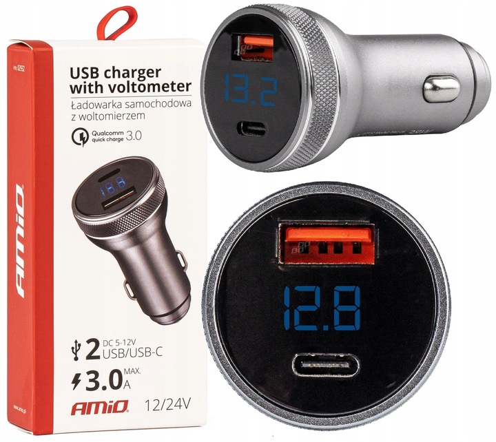 Ładowarka samochodowa 38W z woltomierzem USB + USB-C do auta samochodu