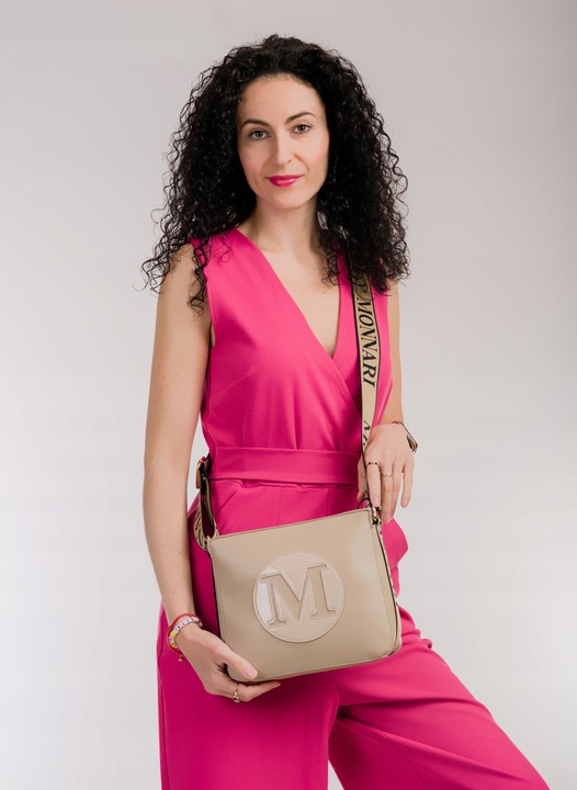 MONNARI Torebka na ramię LISTONOSZKA Pojemna PASEK LOGO PREMIUM Beżowa