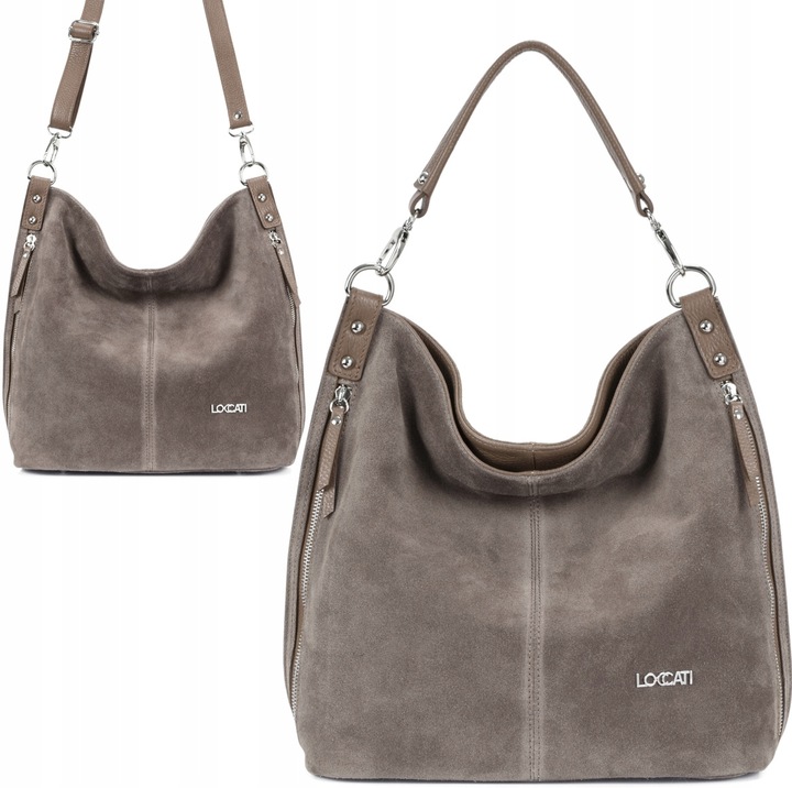 Modne torebki z zamszu naturalnego taupe duże a4 markowe LOCCATI skórzane