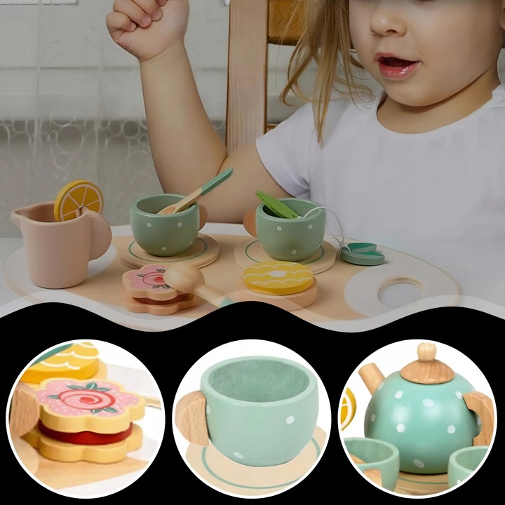 ZESTAW DO HERBATY KAWY DLA DZIECI DREWNIANY SERWIS KAWOWY DO ZABAWY PREZENT