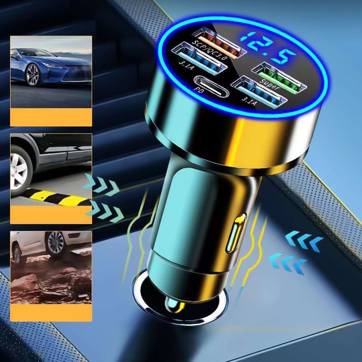 SZYBKA ŁADOWARKA SAMOCHODOWA 120W 4xUSB QC 3.0 + USB-C TYP C PD 20W CZARNA