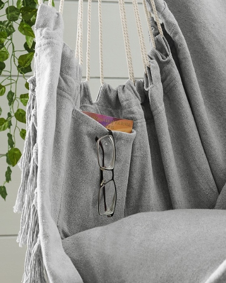 KRZESŁO BRAZYLIJSKIE FOTEL WISZĄCY HAMAK HUŚTAWKA JASNY SZARY Z PODUSZKAMI