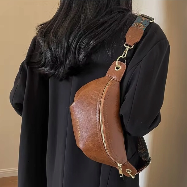 Torebka Damska Nerka BRĄZOWA Pojemna na Ramię Pasek Kolorowy Złoty Zamek