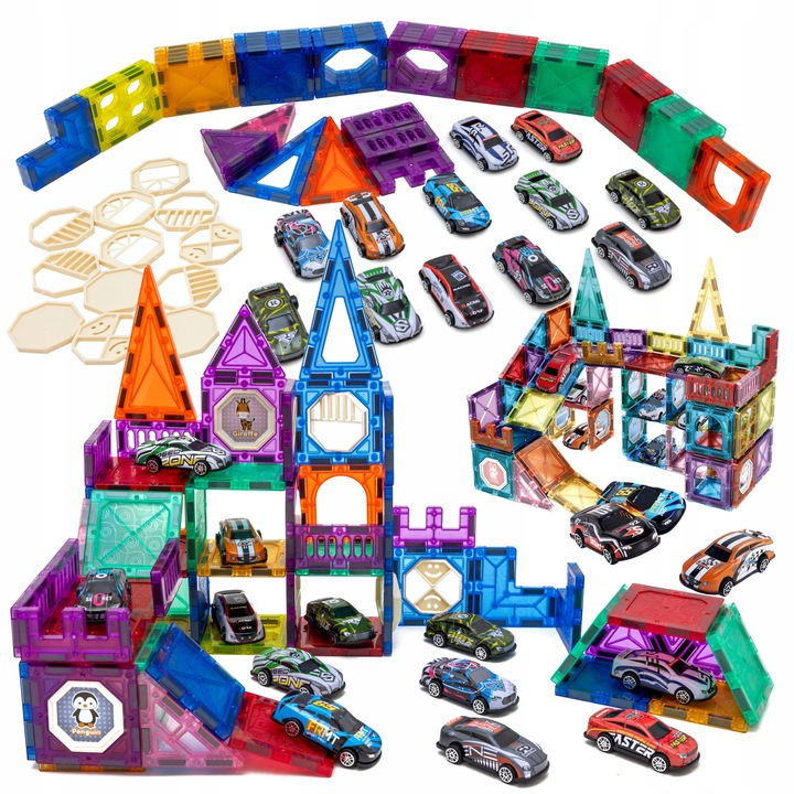 Klocki magnetyczne konstrukcyjne ZESTAW XXL 82 el. tor samochodowy 12 AUT