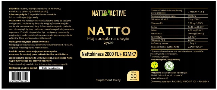 Natto Active Nattokinaza 100 mg 2000 FU witamina K2 MK7 – 60 kapsułek