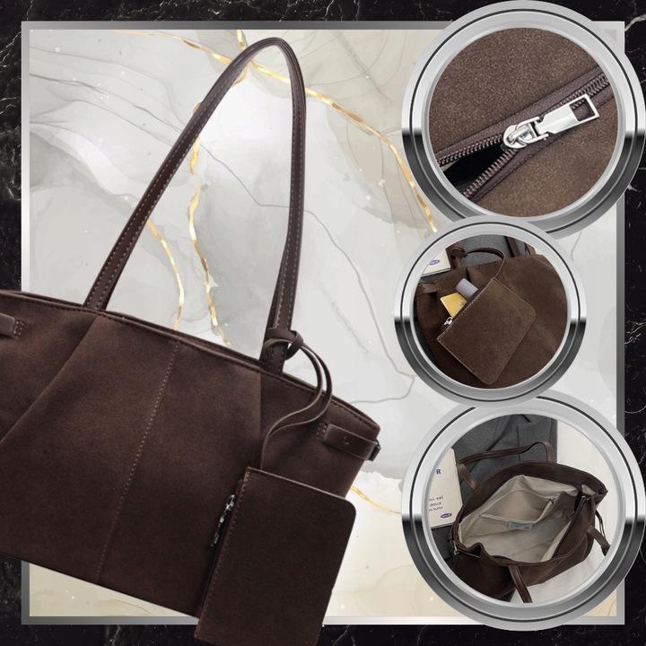 Torebka Shopper Damska Zamszowa A4 Na Ramię Brązowa Torba Elegancka Pojemna