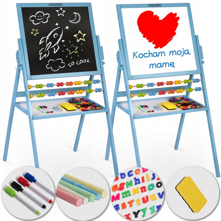 TABLICA DWUSTRONNA EDUKACYJNA DLA DZIECI MAGNETYCZNA KREDOWA + AKCESORIA