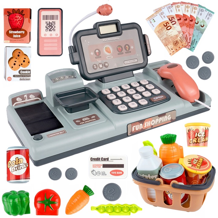 KASA FISKALNA ZABAWKA KASA SKLEPOWA INTERAKTYWNA ZAKUPY SKANER TAŚMA KOSZYK