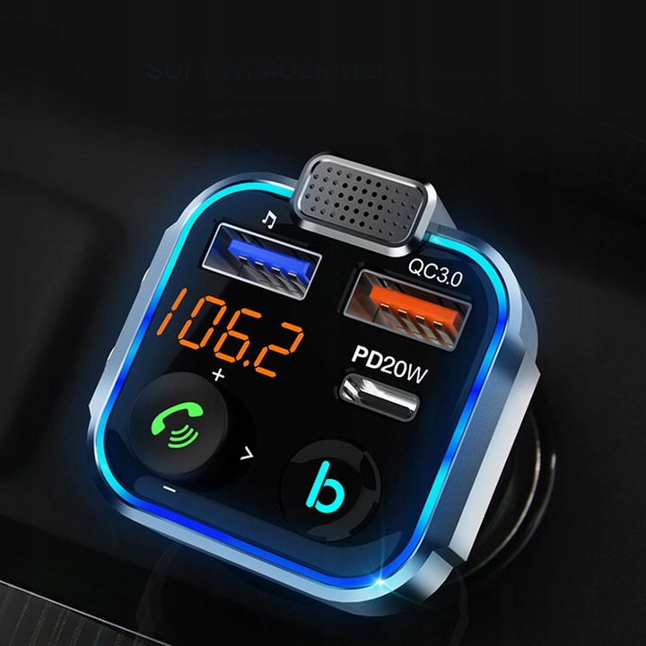 TRANSMITER FM BLUETOOTH SZYBKA ŁADOWARKA QC USB PD