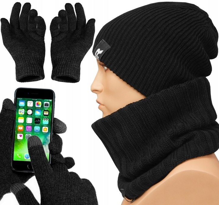 Zimowy KOMPLET Męski CZAPKA + KOMIN + RĘKAWICZKI DO TELEFONU CIEPŁY czarny