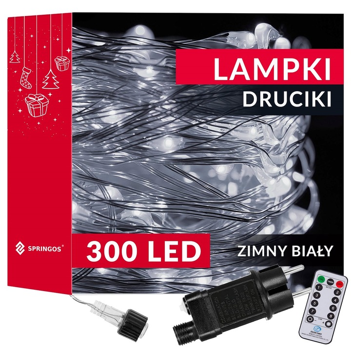 LAMPKI DRUCIKI 300 LED MIKRO BIAŁY ZIMNY PILOT OŚWIETLENIE 33m PROGRAMATOR