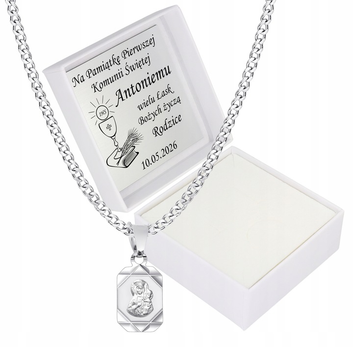 Łańcuszek Srebrny Medalik Komunijny Matka Boska na Komunię na Chrzest