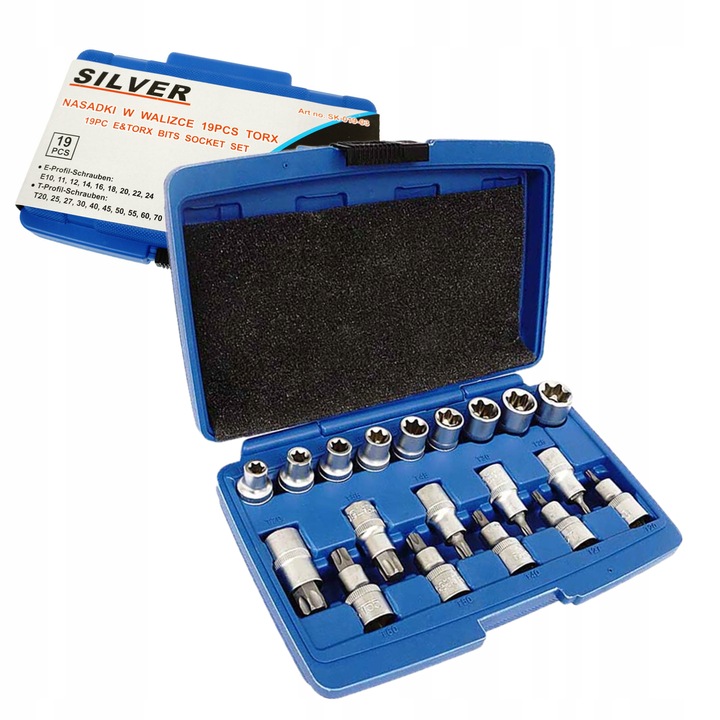 SILVER ZESTAW NASADEK TORX NASADKI KLUCZE NASADOWE E-TORX 1/2 19E SK-019-03