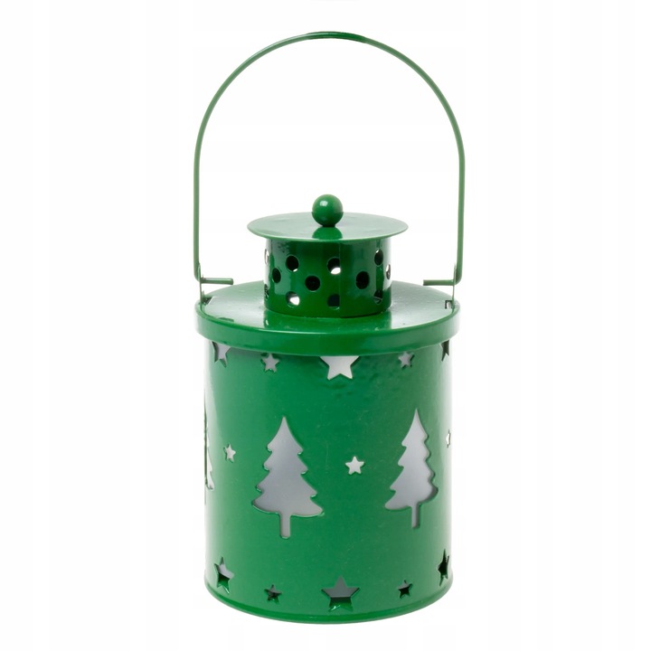 Lampion adwentowy na roraty dla dzieci metalowy zielony choinki LED 12,5 cm