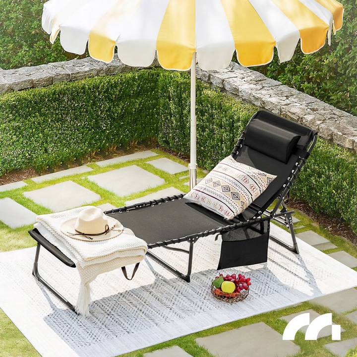 LEŻAK OGRODOWY SKŁADANY LEŻANKA ŁÓŻKO FOTEL PLAŻOWY Z KIESZONKĄ I PODUSZKĄ