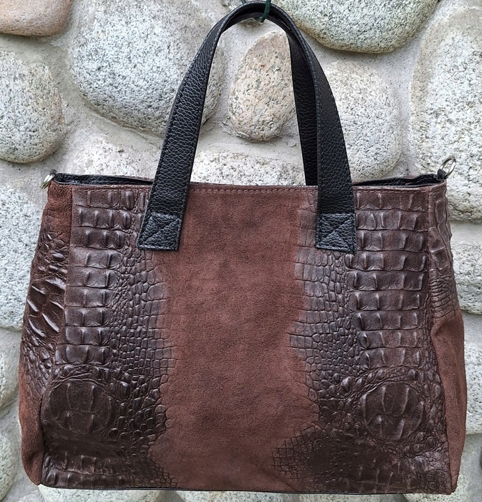 CZEKOLADOWA Zamszowa Torebka Włoska Kuferek SKÓRA NATURALNA Vera Pelle