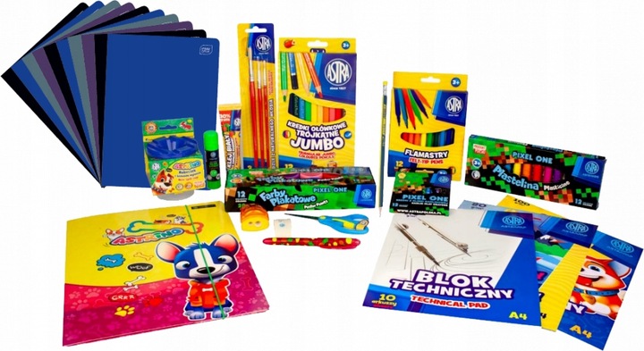 WYPRAWKA SZKOLNA XXL ASTRA 21 ELEMENTÓW klasa 1-3 + 10x ZESZYT W KRATKĘ A5