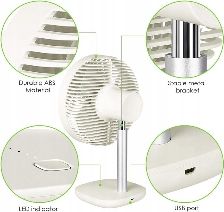 Wentylator biurkowy wiatrak bezprzewodowy akumulatorowy 4 tryby USB 5000mAh
