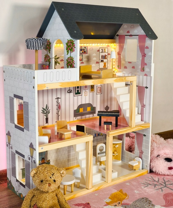 DOMEK DLA LALEK DREWNIANY LED Akcesoria Laleczki 3 Poziomy Duży Mebelki