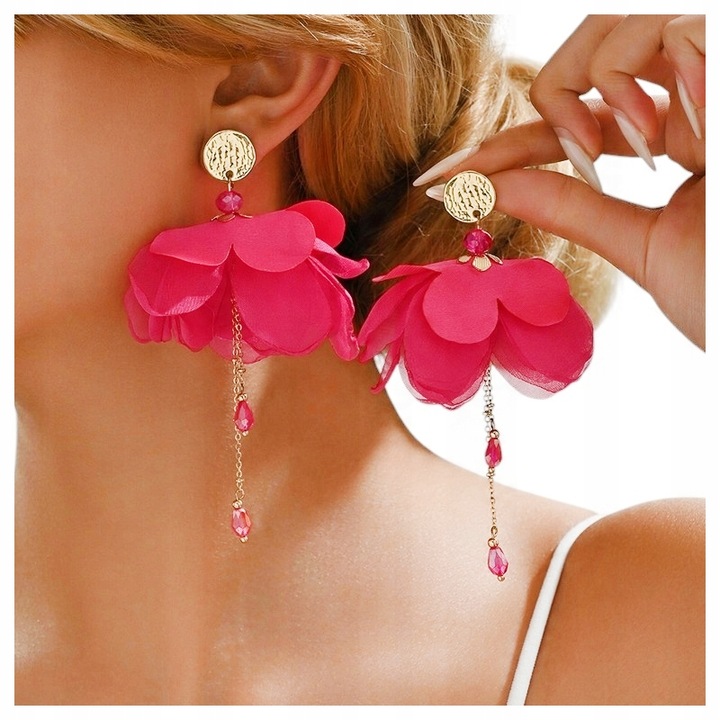 Kolczyki Sztyfty Kolor Złote Fuksja Kwiaty Kwiatki Koła Kółka Materiał 110m