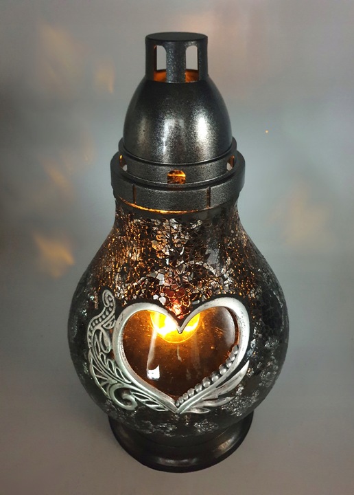 Znicz Szklany Karafka Witraż Mozaika Serce Czarno-Srebrny 38cm Lampion