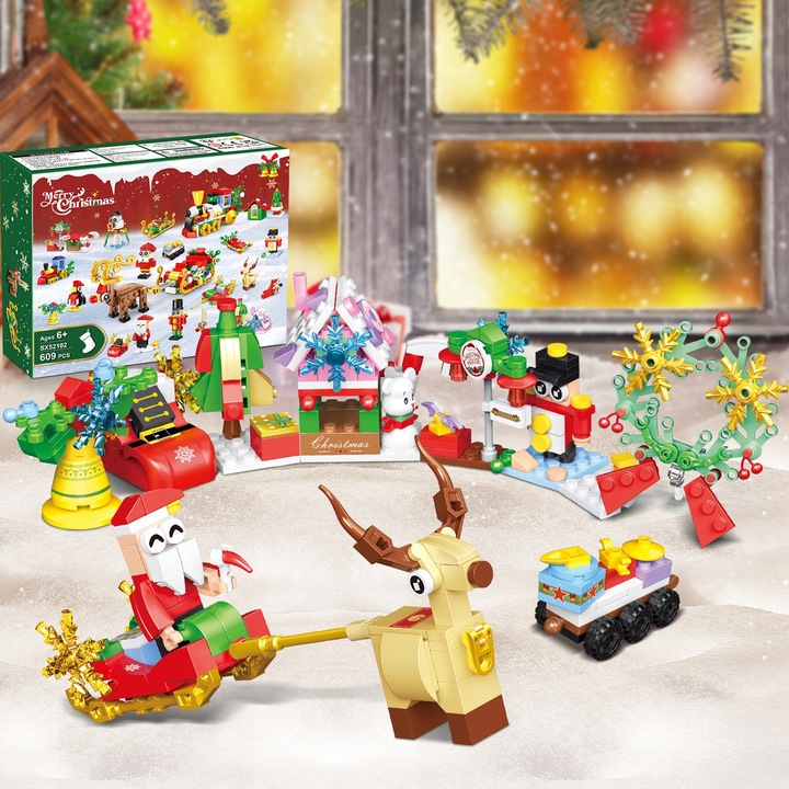 KALENDARZ ADWENTOWY DLA DZIECI KLOCKI ŚWIĄTECZNE 50w1 MIKOLAJ FIGURKA 609el