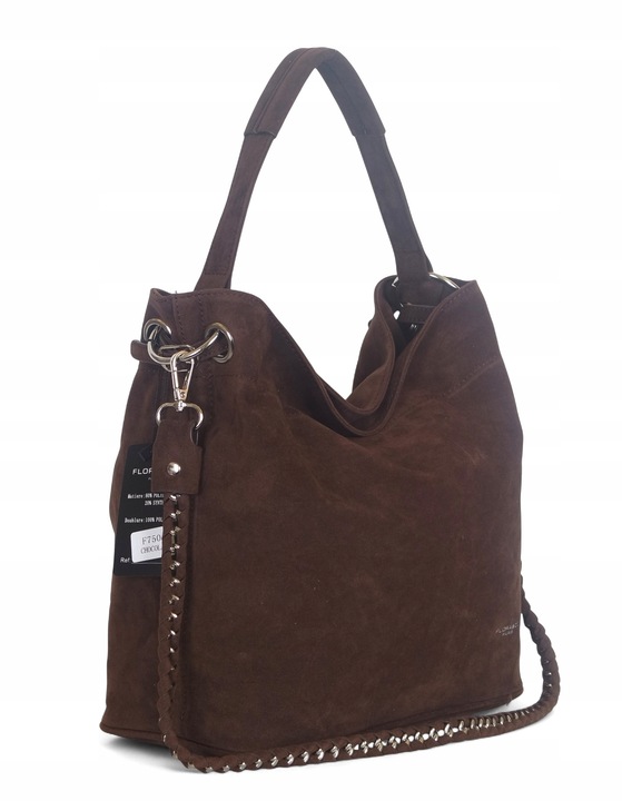 Flora&Co Paris Czekoladowa zamszowa torebka Worek Łańcuszek + Pasek Zamsz