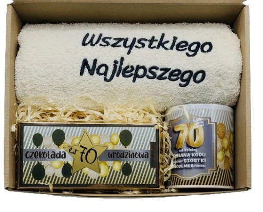 PREZENT NA URODZINY 18-70 Zestaw Kosz Prezentowy Ręcznik Kubek Czekolada