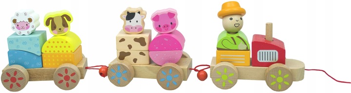 LT333 NOWY DREWNIANY POCIĄG Z WAGONAMI I KLOCKAMI WIEJSKA SCENERIA