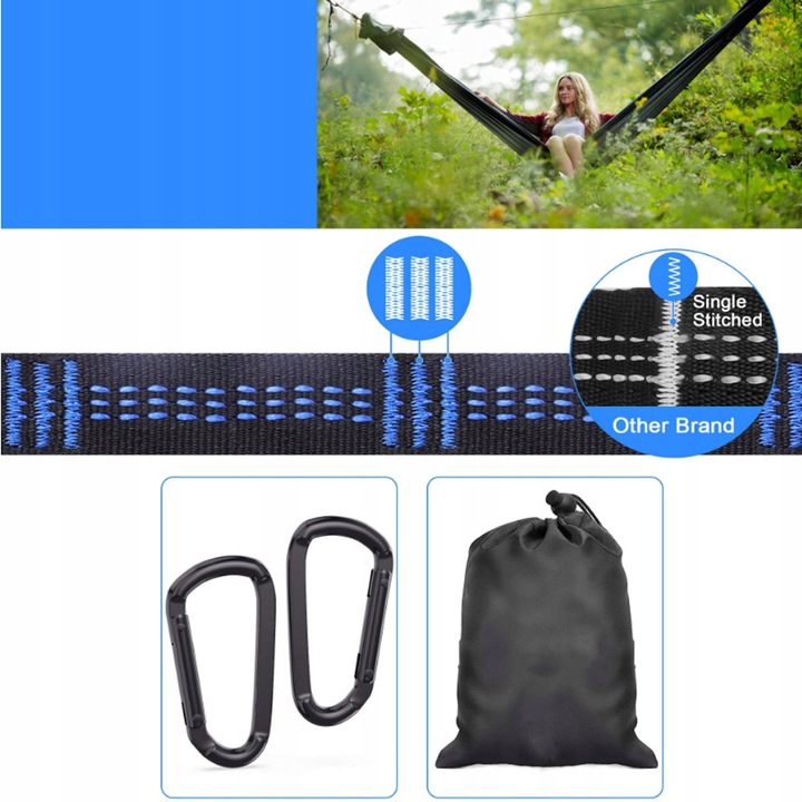 PASY DO MOCOWANIA HAMAKA, 2 SZTUKI, PASY Z 2 KARABIŃCZYKAMI, NA KEMPING