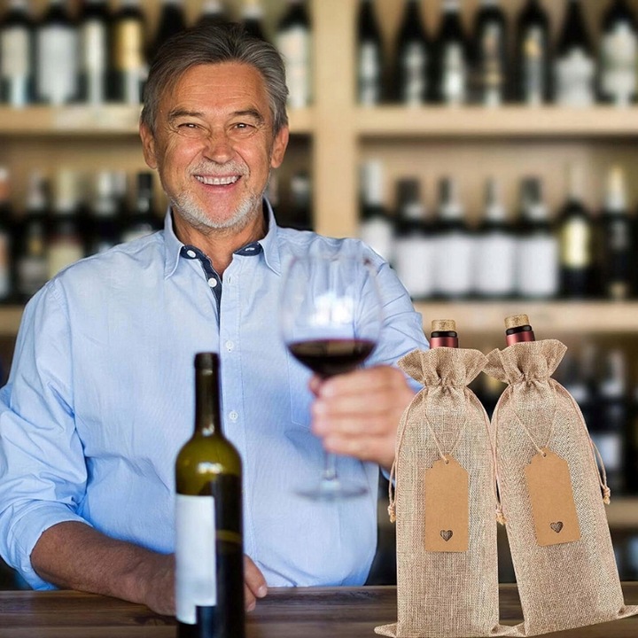 12X WORKI JUTOWE TOREBKI NA WINO POKROWCE NA BUTELKI WINA ZE SZNURKAMI TAGI